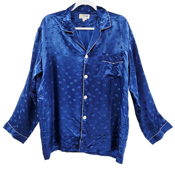 Vintage ESME Royal Blue 100% Pure Silk Asian Pajama Sleepwear Top Women's Sz 48 - Picture 1 of 6